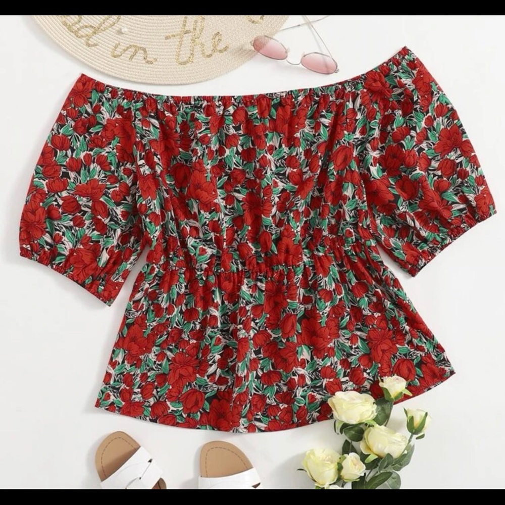 🌼Floral Off Shoulder Blouse🌼 red flower pattern